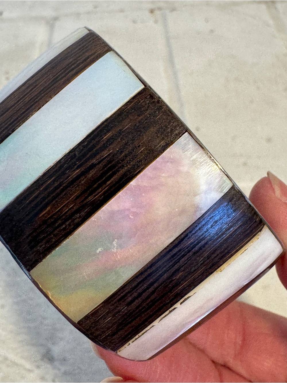 Vintage Boho Mixed Material Inlay Cuff Bracelet - Mother of Pearl & Wood